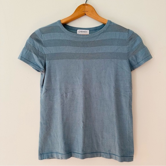 Carmen Marc Valvo Sheer Stripe Dusty Blue Tee Size Small - Picture 1 of 6
